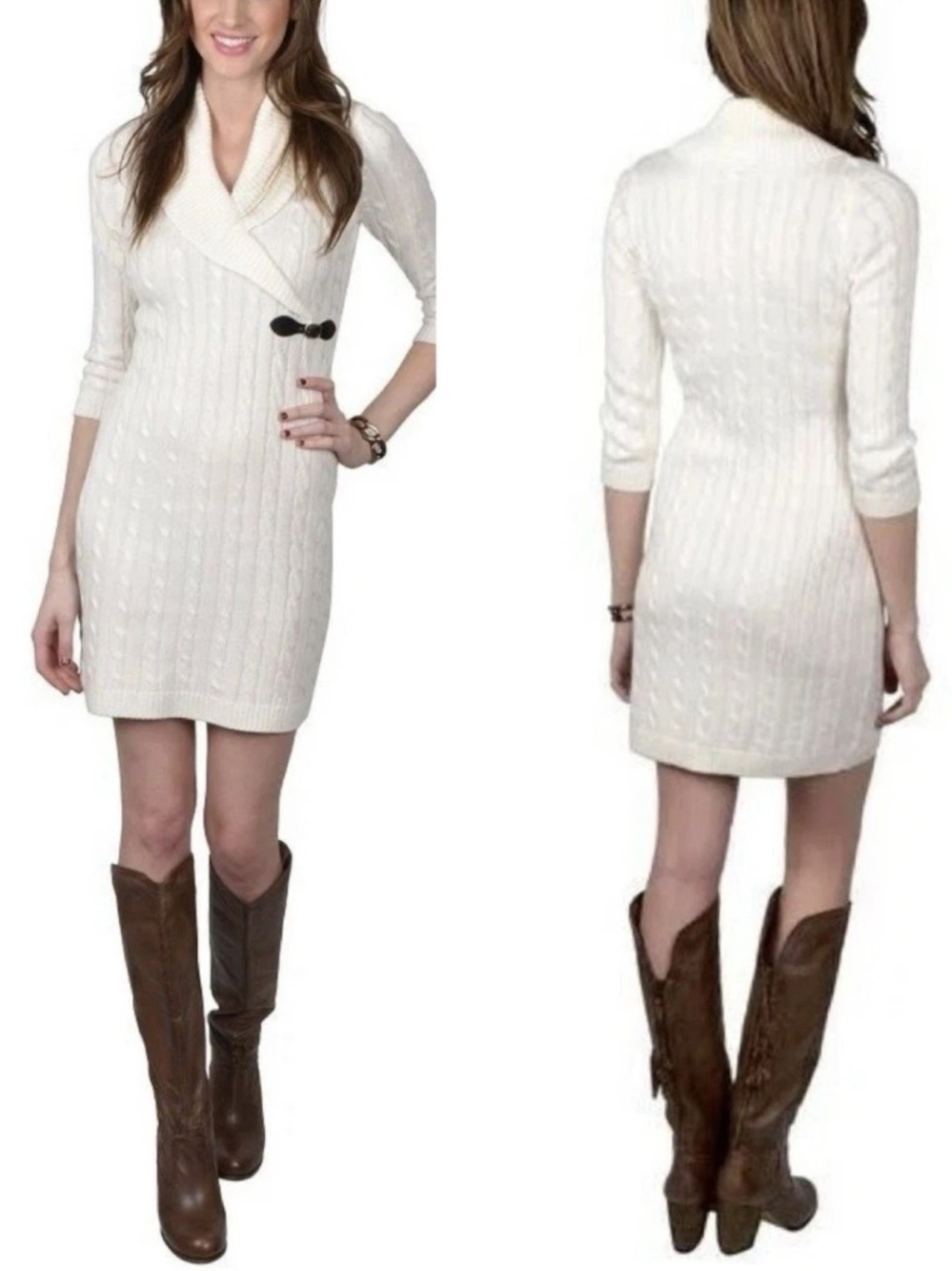 Calvin Klein Ivory Cable Knit Shawl Collar Sweater Dress Buckle Detail sz Medium